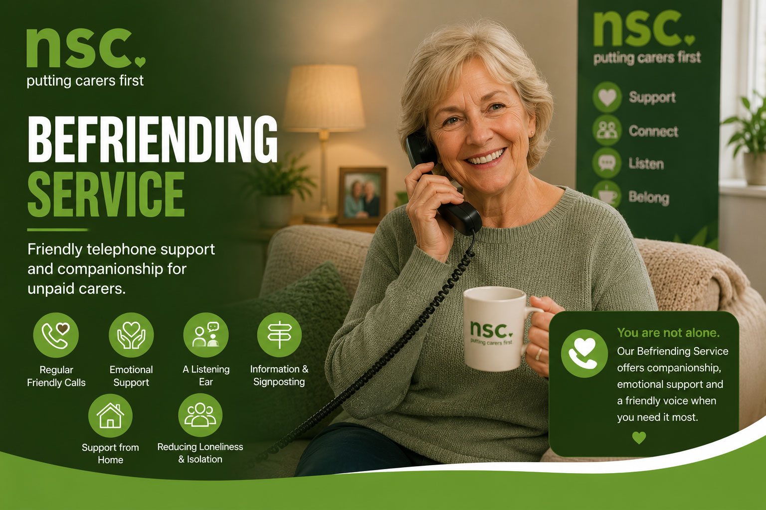 Adult carer receiving friendly telephone support through the North Staffs Carers Befriending Service