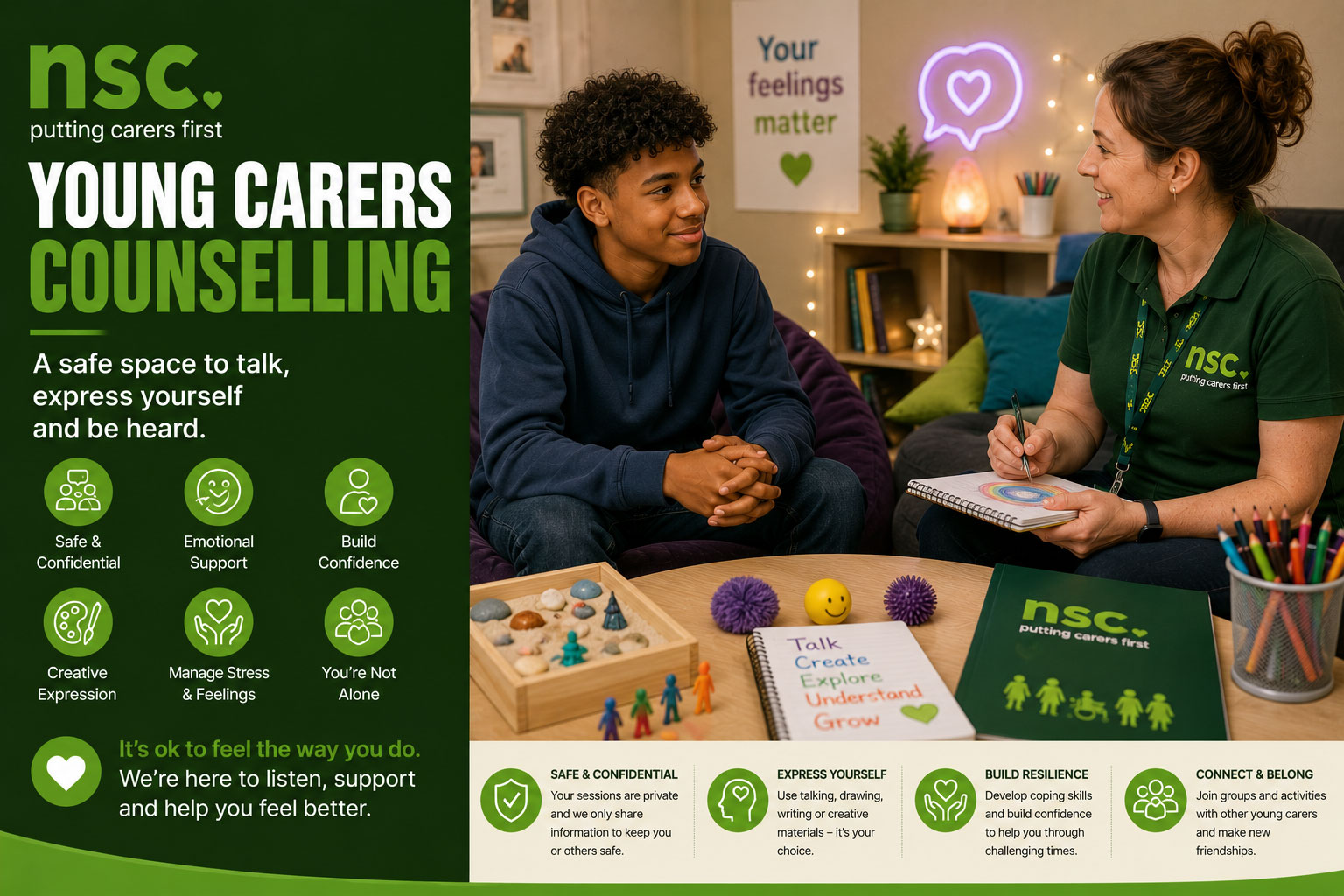 Young carer attending a confidential counselling session with a North Staffs Carers counsellor
