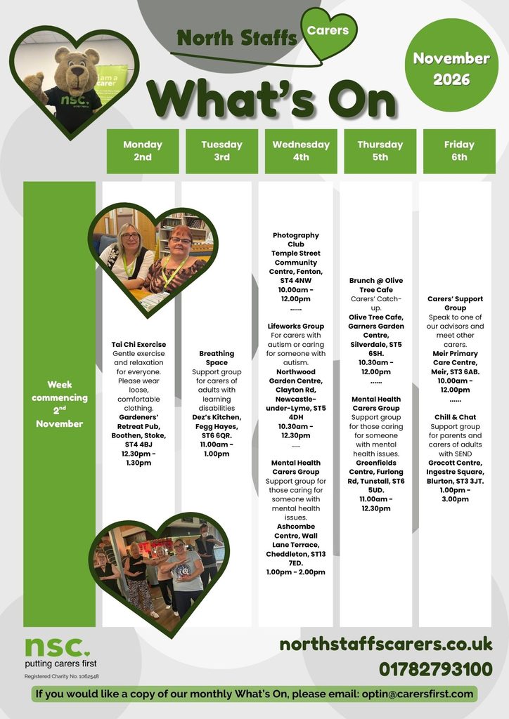 North Staffs Carers' What's On Poster for November 2026 page 1