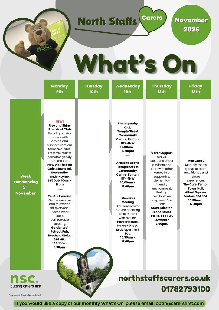 North Staffs Carers' What's On Poster for November 2026 page 2