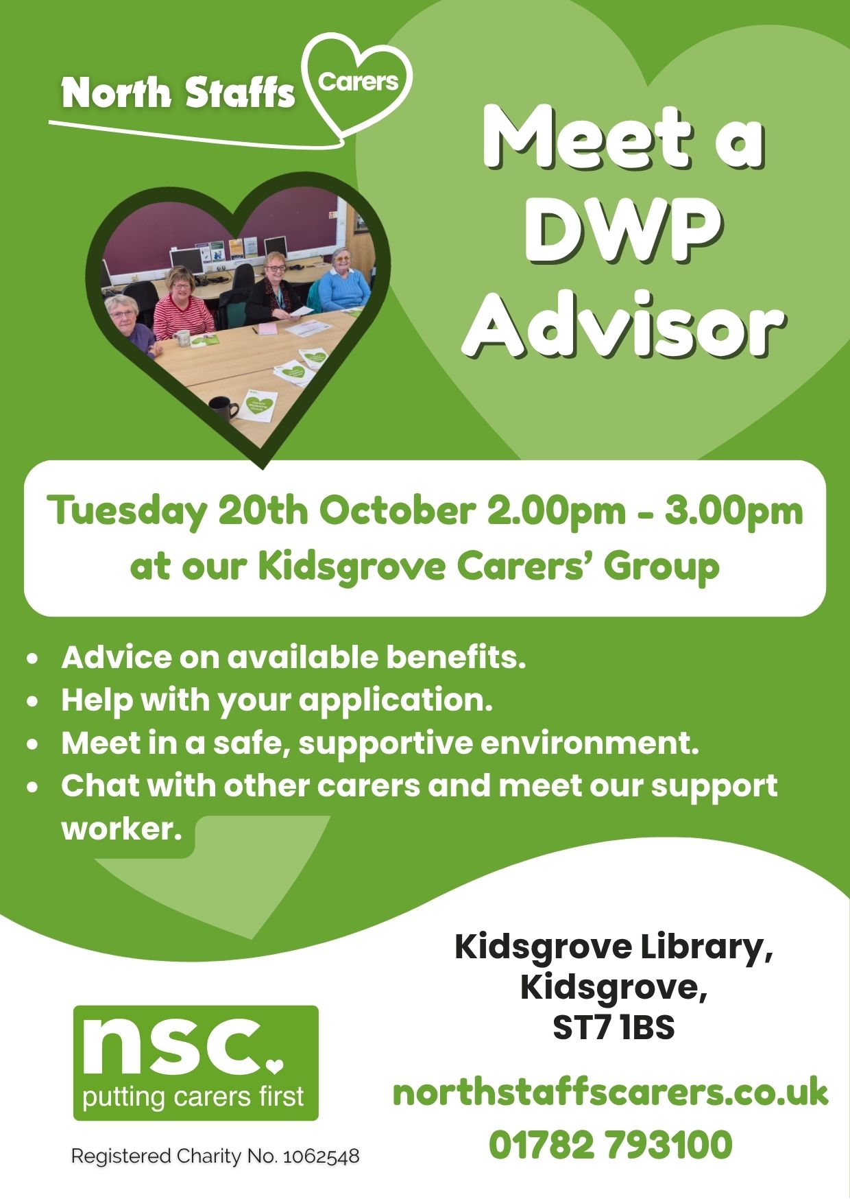 A green poster giving details of a meeting with a DWP Advisor at Kidsgrove library 2pm on 20th October